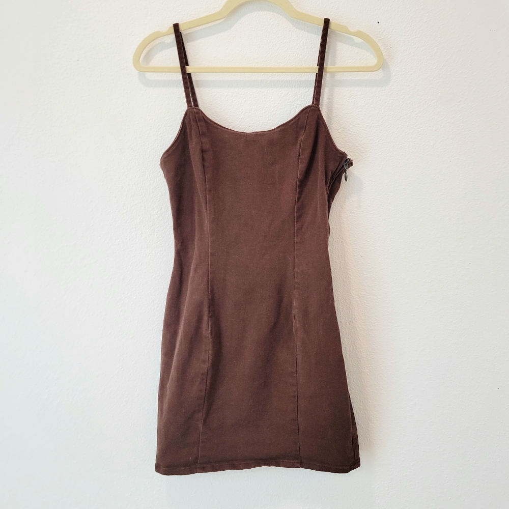 Divided Brown Denim Mini Dress Womens Small Fitted Spaghetti Strap Casual Chic